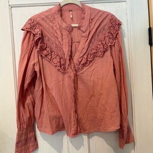 Free People Rose Pink Eyelet Ruffle Button-Down Shirt